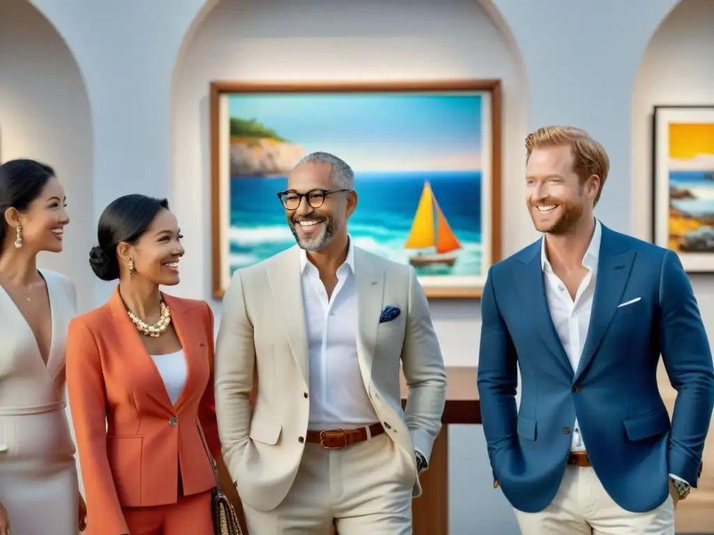 Inversores exitosos en galería de arte costero: lujo y inversión Un grupo diverso de inversores exitosos examina arte costero en subasta en una galería de lujo junto al mar