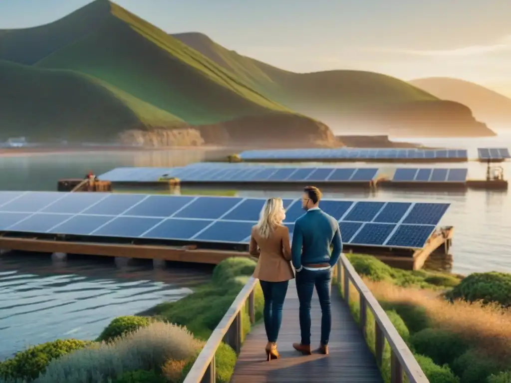 Inversores sostenibles en acuicultura costera innovadora Un grupo diverso de inversores conversa sobre inversiones costeras sostenibles rentables en una granja acuícola innovadora y ecoamigable al atardecer