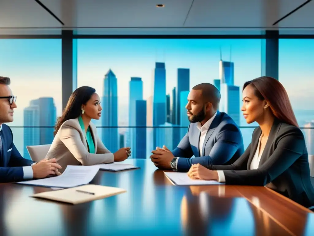 Profesionales analizan inversiones en REITs frente a la ciudad Un grupo diverso de inversores profesionales analiza oportunidades para invertir en REITs costeros en una moderna sala de juntas con vista a la ciudad