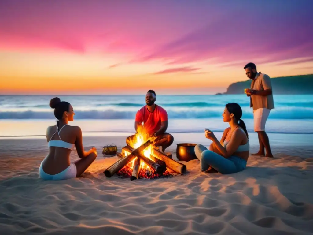 Cena playera al atardecer: diversidad y fuego Un grupo diverso junto a una fogata en la playa al atardecer, disfrutando de una experiencia gastronómica única