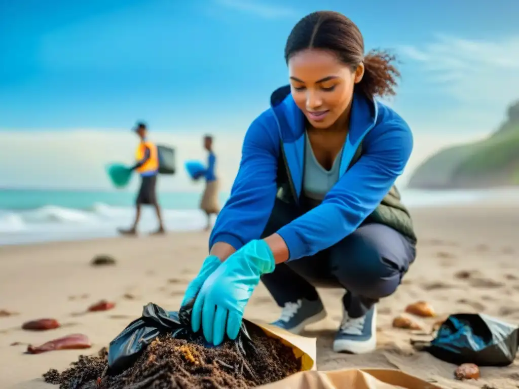 Equipo diverso limpia playa: conservación costera Grupo diverso en limpieza de playa, destacando trabajo en equipo y conservación costera