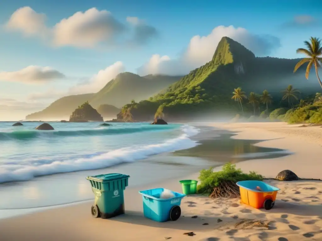 Playa limpia: Comunidad unida en acción Un grupo diverso de lugareños limpia la playa al amanecer, promoviendo destinos costeros sostenibles turismo