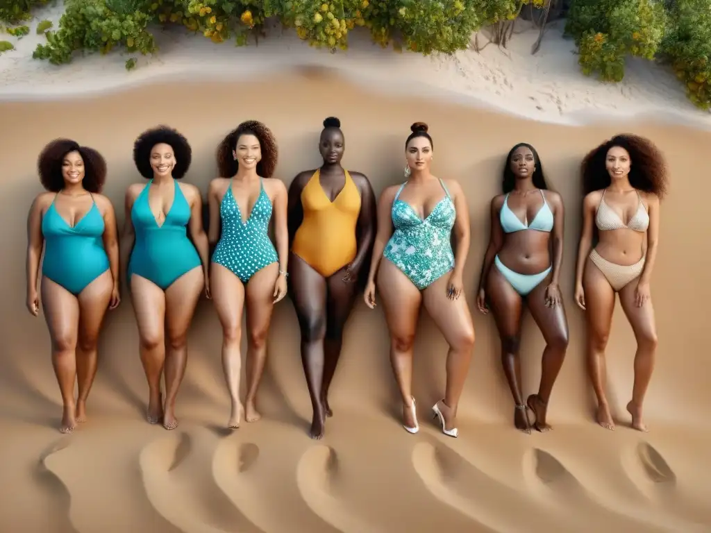 Diversidad de cuerpos en trajes de baño: moda inclusiva en la playa Grupo diverso de modelos posando con confianza en trajes de baño según tipo de cuerpo en playa idílica