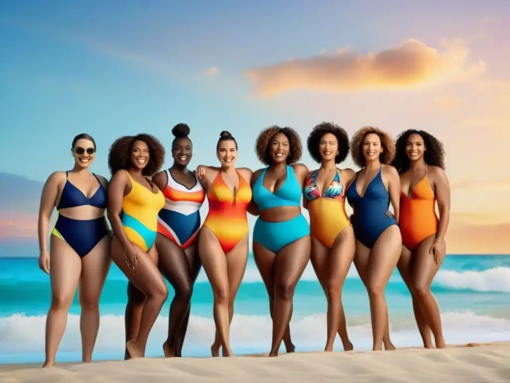 Mujeres seguras en trajes de baño diversos en la playa al atardecer Grupo diverso de mujeres felices en trajes de baño, celebrando la individualidad en la playa al atardecer