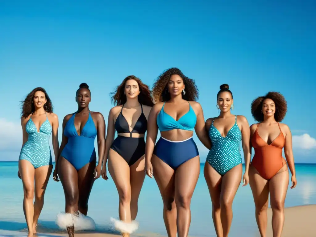 Empoderamiento y diversidad: mujeres seguras en trajes de baño en la playa Grupo diverso de mujeres seguras en trajes de baño en la playa, representando diferentes tipos de cuerpo
