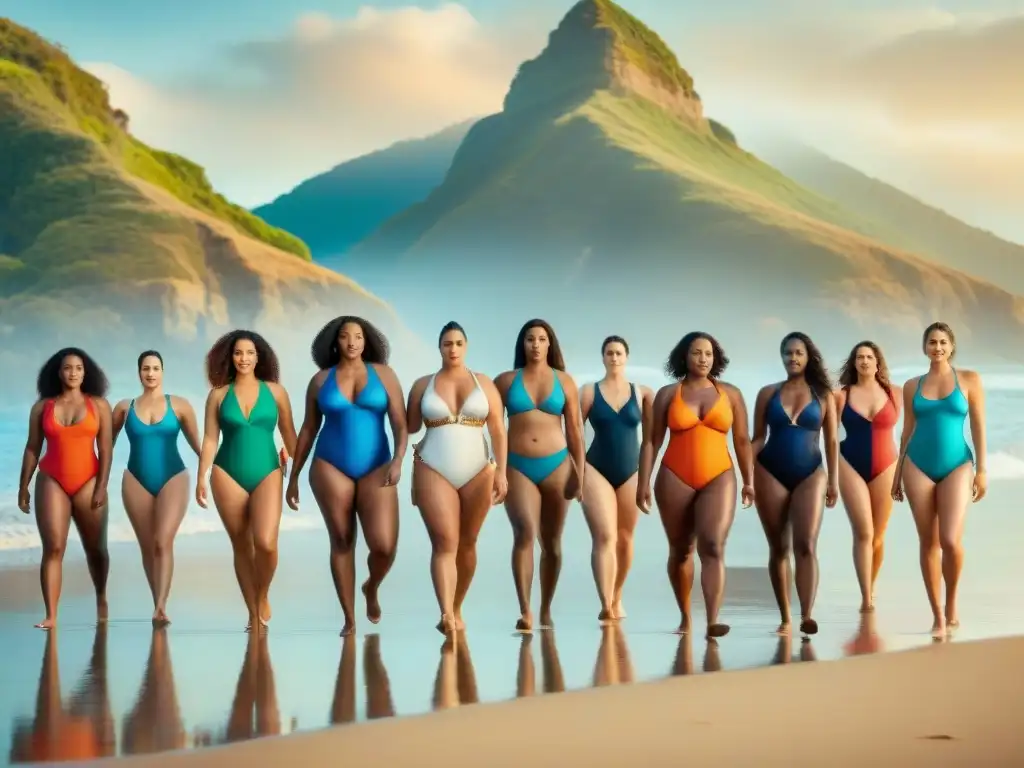 Mujeres seguras en trajes de baño: celebrando la diversidad en la playa Un grupo diverso de mujeres seguras en trajes de baño según tipo de cuerpo, disfrutando en la playa al sol