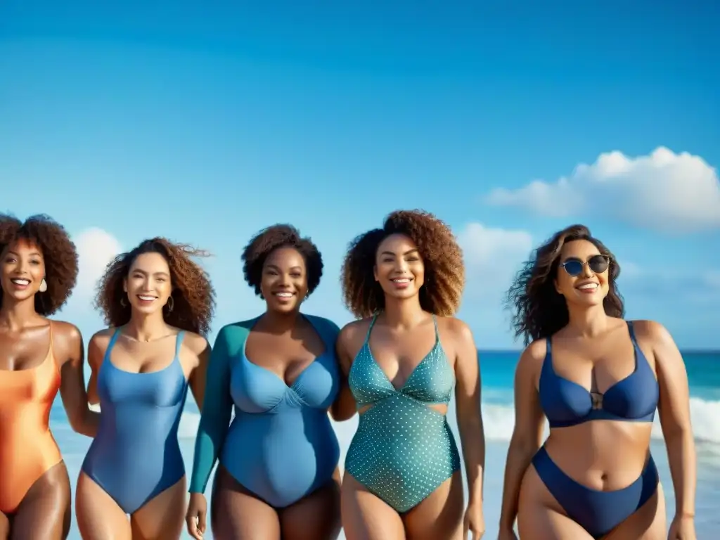 Mujeres seguras: variedad de cuerpos y trajes de baño en la playa Grupo diverso de mujeres con trajes de baño según tipo de cuerpo, felices y seguras en la playa