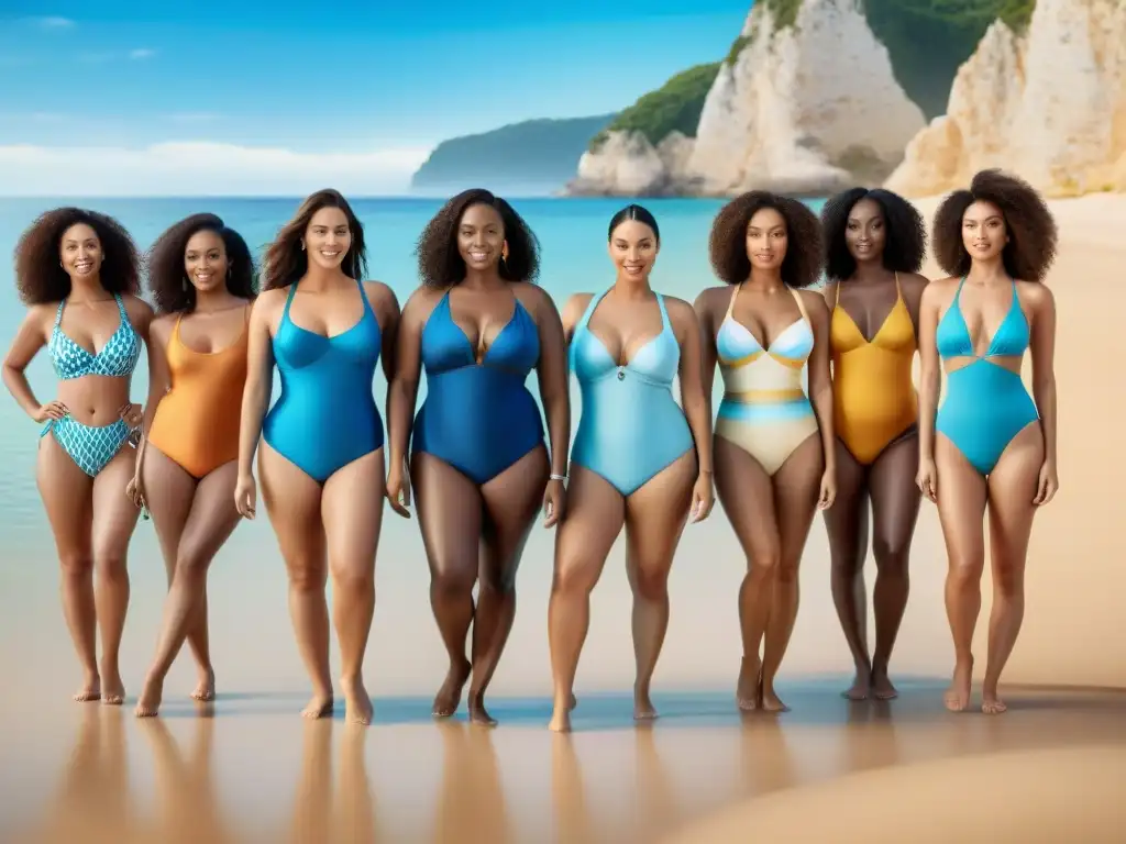 Guía de trajes de baño para todos los cuerpos: mujeres seguras en la playa Grupo diverso de mujeres modelando trajes de baño según tipo de cuerpo en la playa
