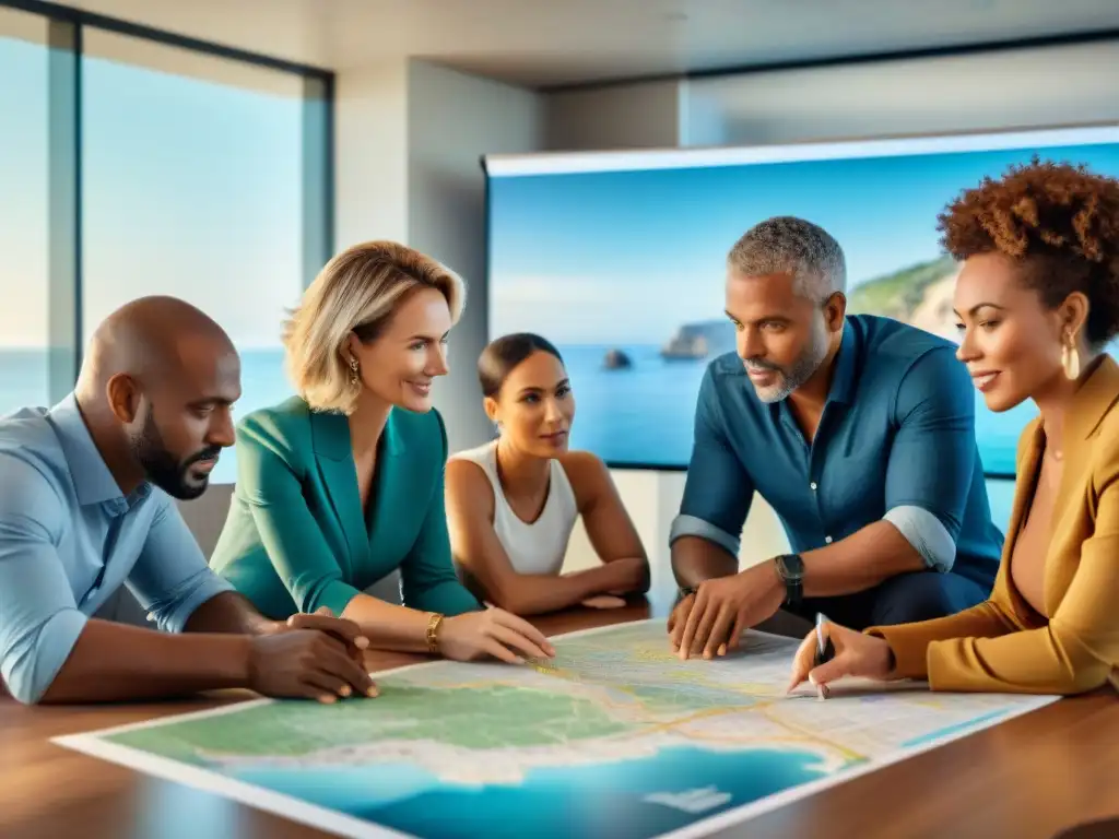 Conversación colaborativa sobre crowdfunding inmobiliario costero Un grupo diverso de personas discute sobre financiamiento colaborativo para propiedades costeras, rodeados de mapas y planos