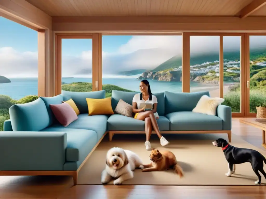 Vacaciones Pet-Friendly: Humanos y mascotas en armonía Un grupo diverso de personas disfruta con sus mascotas en distintos alquileres vacacionales, transmitiendo alegría y armonía