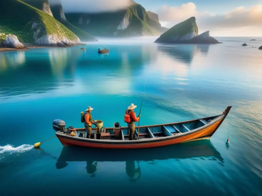 Pesca sostenible: armonía en la costa Grupo diverso de pescadores en barco tradicional, practicando pesca sostenible en ecosistemas costeros