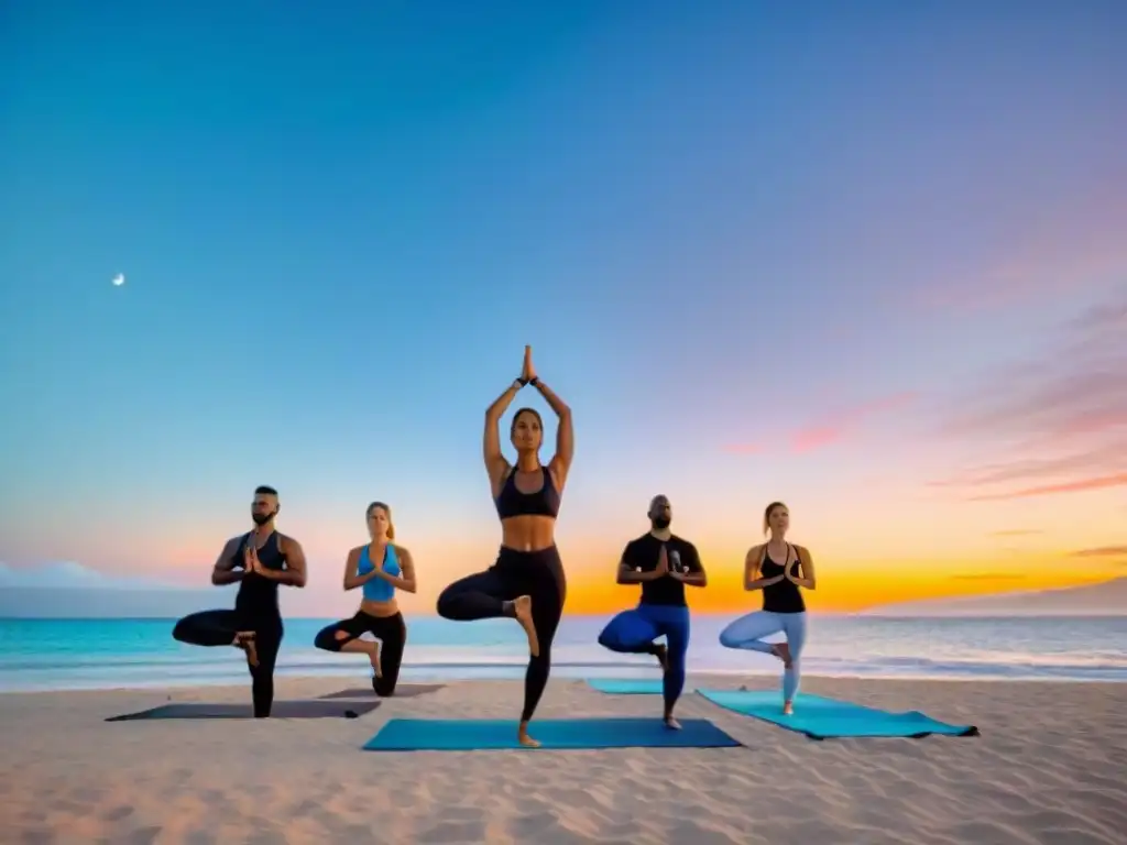 Retiro de yoga en la playa al amanecer en Costa Azul: paz y serenidad Un grupo diverso practica yoga en la playa al amanecer