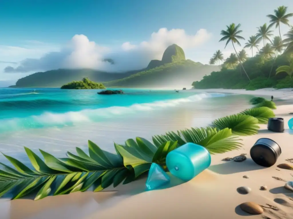 Playa paradisíaca: limpieza comunitaria y conservación ambiental Un grupo diverso de turistas y conservacionistas colaboran en una limpieza de playa, promoviendo el turismo sostenible en costas internacionales