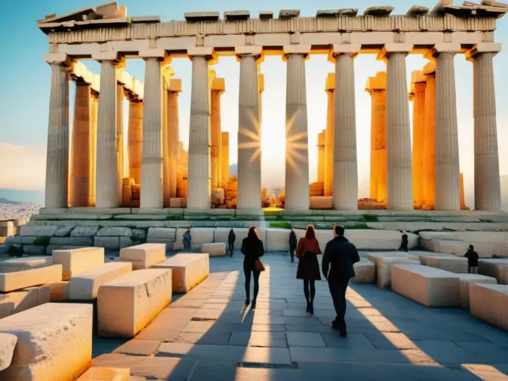 Parthenon: historia viva en Atenas Grupo diverso de turistas explorando el icónico templo del Partenón en Atenas, mezclando historia y cultura en Grecia