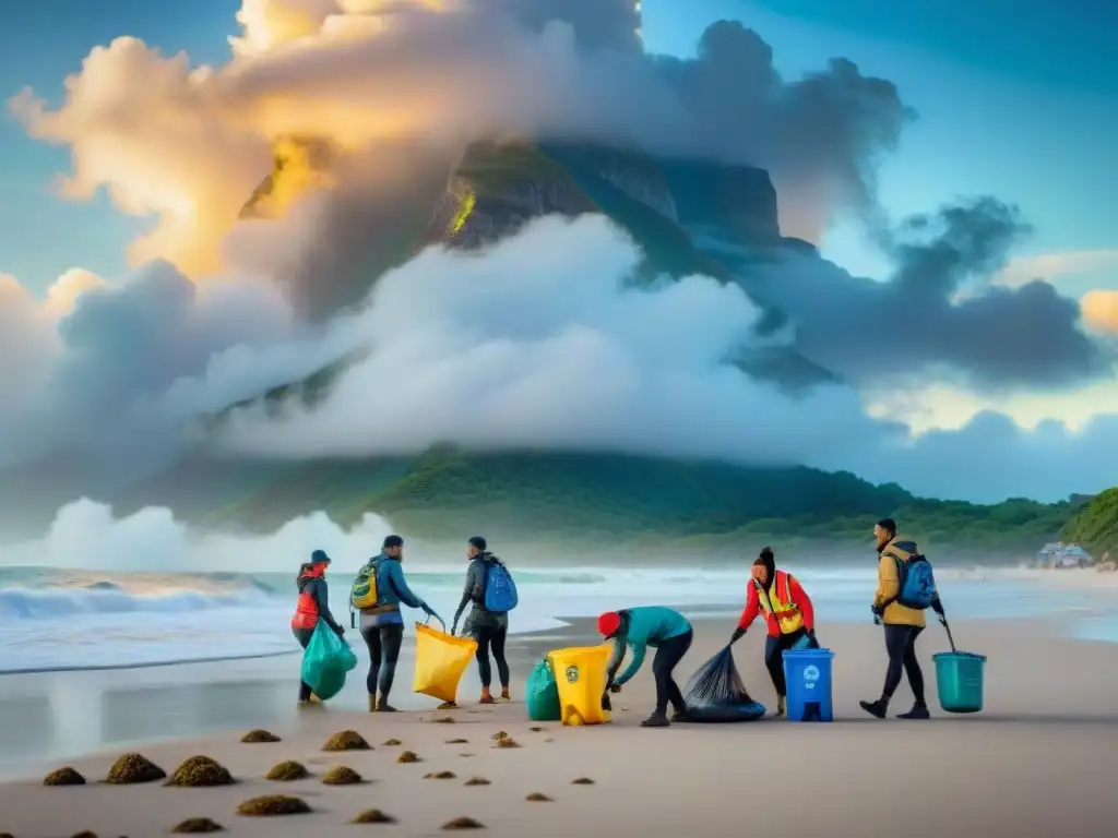 Voluntarios diversidad en limpieza playa al amanecer Grupo diverso de turistas en limpieza de playa al amanecer, resaltando la importancia del turismo responsable en la conservación costera