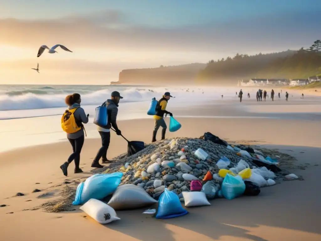 Atardecer de limpieza: turistas comprometidos con la conservación costera Un grupo diverso de turistas participa en una limpieza de playa al atardecer, destacando la importancia de la conservación costera responsable