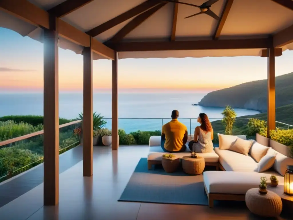 Comunidad relajada en Airbnb costero Un grupo diverso de vacacionistas en una propiedad costera de Airbnb, disfrutando de la comunidad y relajación