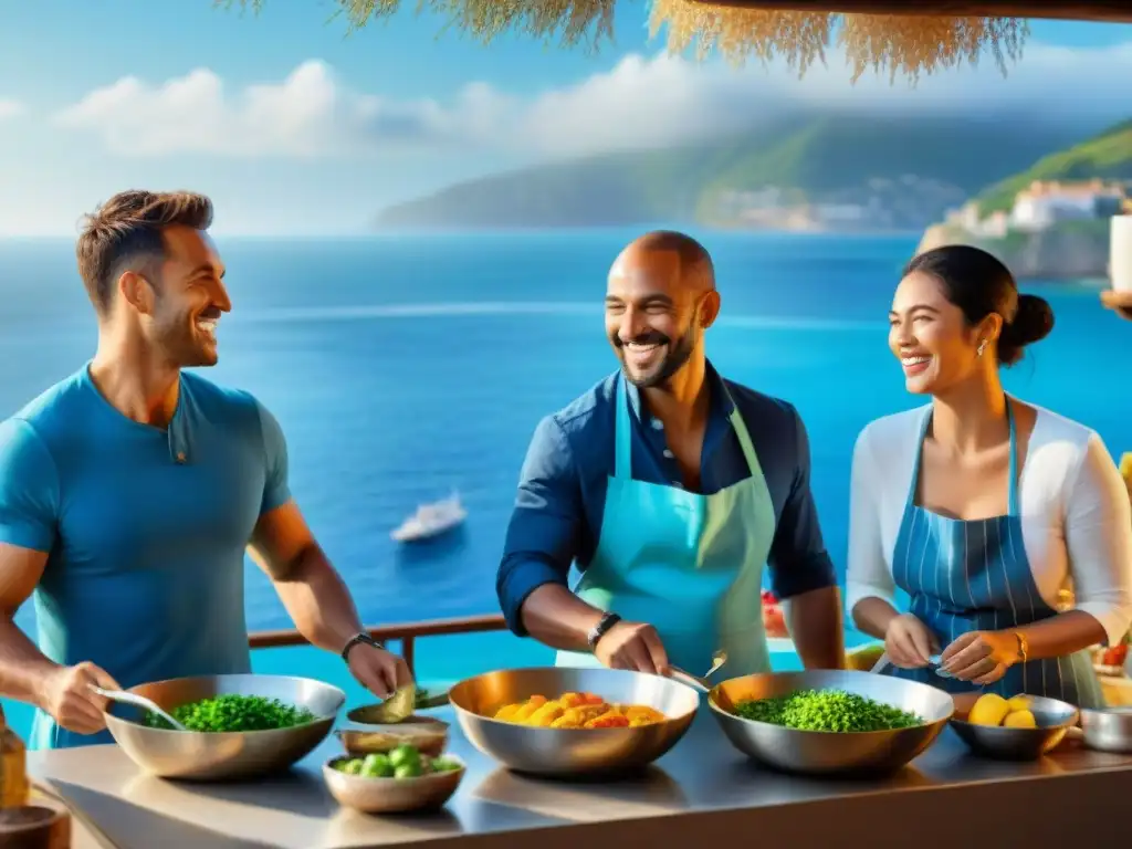 Cocina tradicional junto al mar: diversión y sabores auténticos Un grupo diverso de viajeros disfrutando de una clase de cocina tradicional en una terraza soleada con vistas al mar