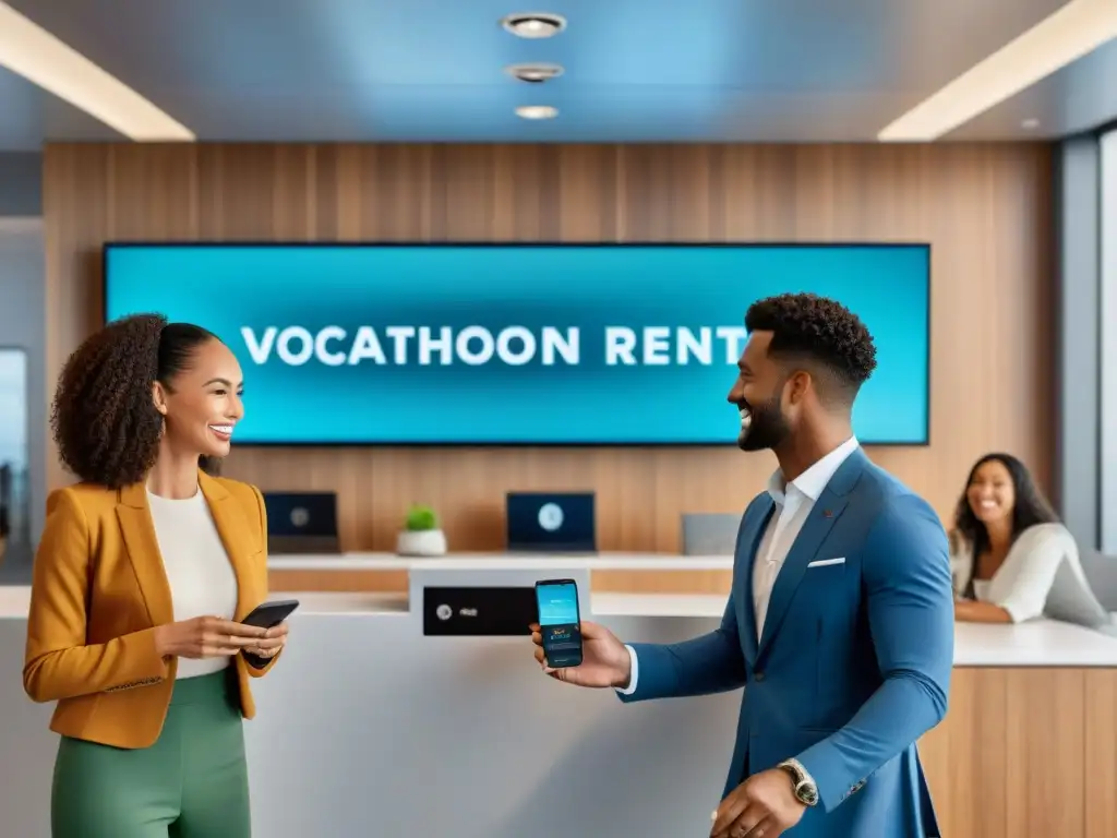 Oficina vacacional moderna: viajeros felices y seguro en 8k Un grupo diverso de viajeros felices en oficina de alquiler vacacional segura