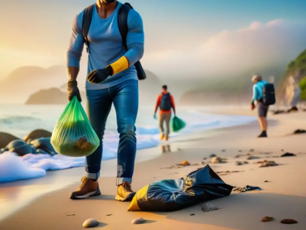 Limpieza de playa al atardecer: turistas y locales unidos por un mar limpio Un grupo diverso de viajeros participa en una limpieza de playa al atardecer, destacando la importancia de las certificaciones turismo sostenible costa