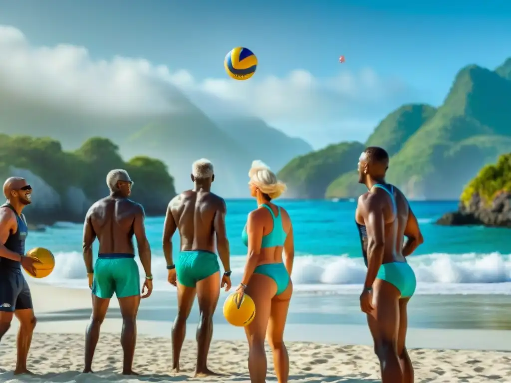 Partida de vóley playero: diversión y camaradería en el paraíso Grupo diverso juega voleibol en la playa, reflejando vida social en propiedades costeras
