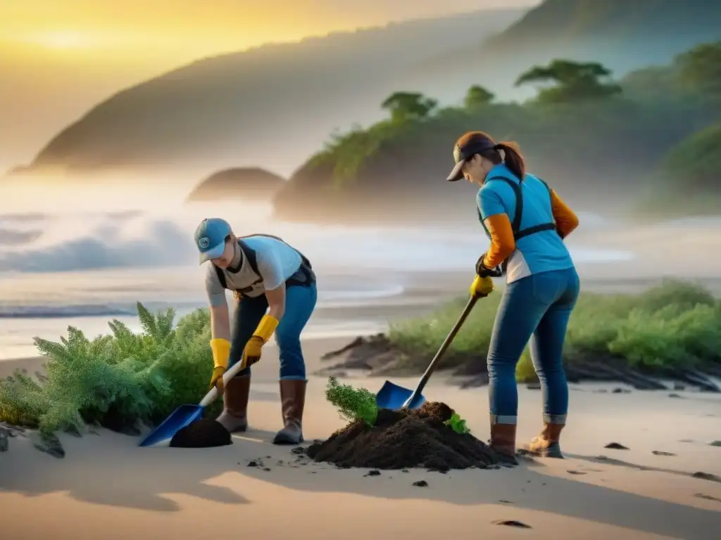 Plantación de árboles costeros al atardecer: Unión y esperanza Un grupo diverso de voluntarios planta árboles nativos en la costa al atardecer, mostrando compromiso con la vida sostenible en propiedades costeras