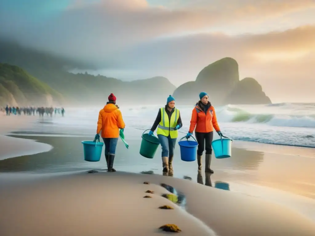 Unidos por la playa: voluntarios limpian con determinación al amanecer Un grupo diverso de voluntarios limpia una playa al amanecer, unidos en conservación costas participación proyectos
