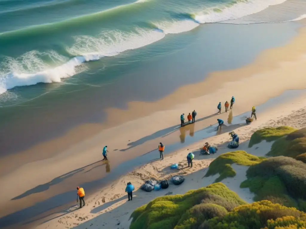 Voluntarios limpiando playa al amanecer: acción comunitaria Un grupo diverso de voluntarios limpia una playa al amanecer, revelando la contaminación costera