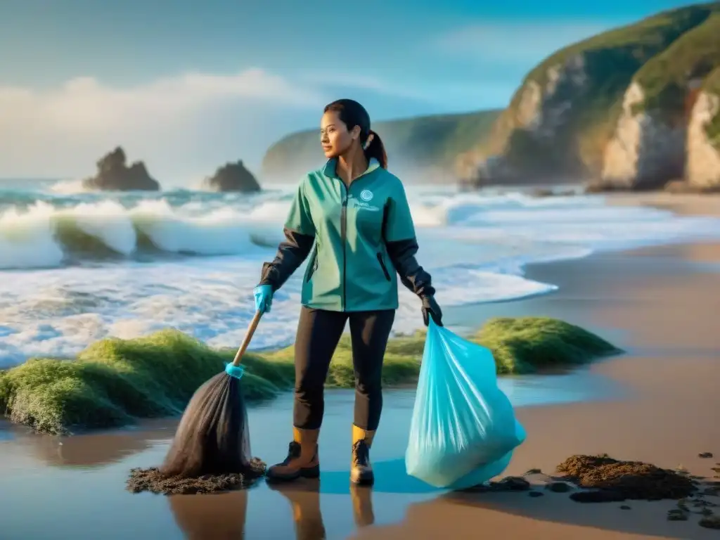 Voluntarios limpiando la costa al amanecer: conservación comunitaria Un grupo diverso de voluntarios limpia con esmero una propiedad costera al amanecer, destacando la conservación comunitaria