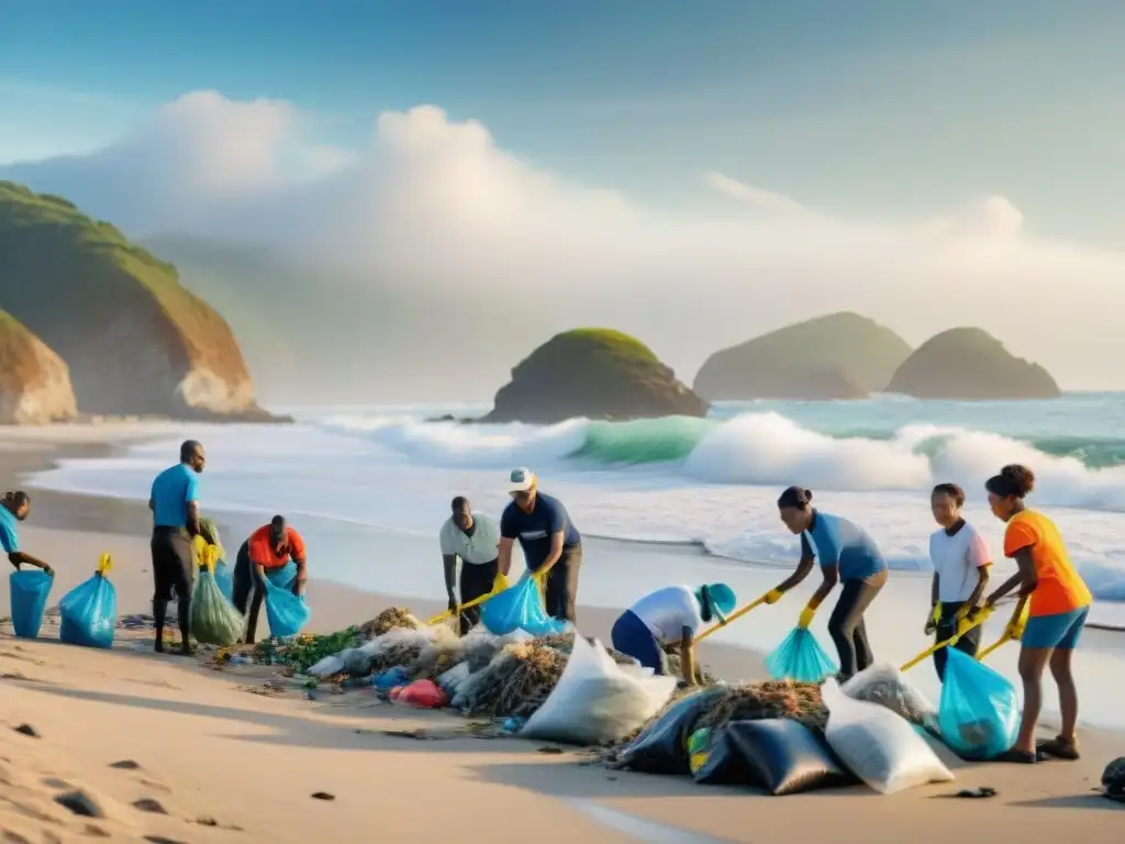 Comunidad unida limpia playa: acción ambiental y conciencia marina Grupo diverso de voluntarios limpia playa con residuos plásticos, promoviendo regulaciones construcción costera mar