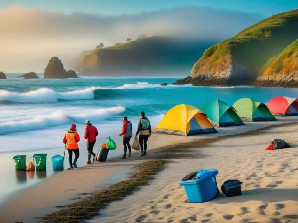 Comunidad unida limpia playa al atardecer Un grupo diverso de voluntarios realiza una limpieza de playa al atardecer, promoviendo la vida sostenible en propiedades costeras
