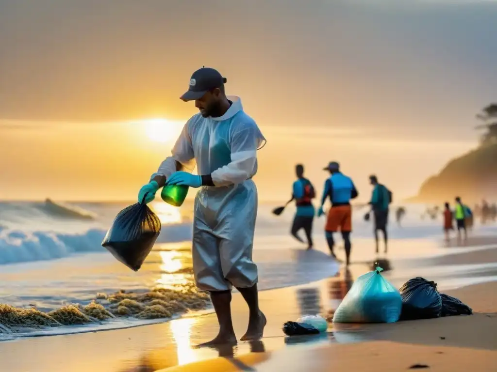 Voluntarios unidos limpiando playa al atardecer Grupo diverso de voluntarios limpiando una playa al atardecer, destacando su determinación y trabajo en equipo
