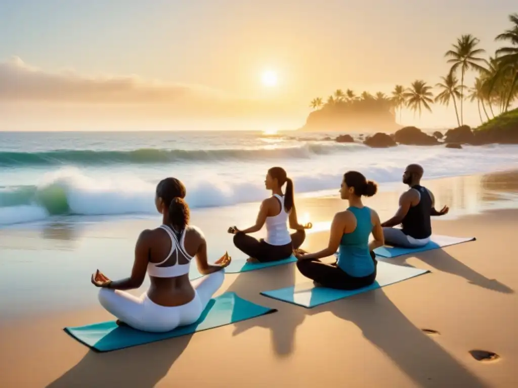 Retiro de yoga al amanecer en la playa: serenidad y armonía Grupo diverso practicando yoga en playa al amanecer, con mar calmado y siluetas de palmeras