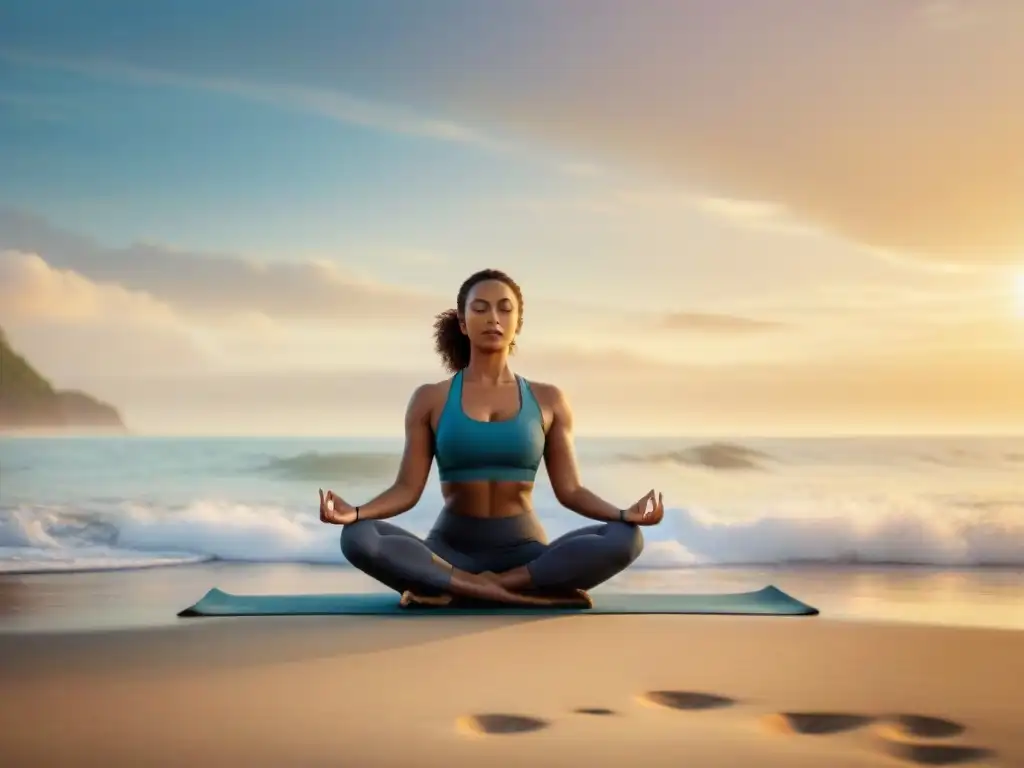 Retiro de yoga al amanecer en la playa: armonía y serenidad Grupo diverso practicando yoga al amanecer en la playa, en un retiro de bienestar junto al mar