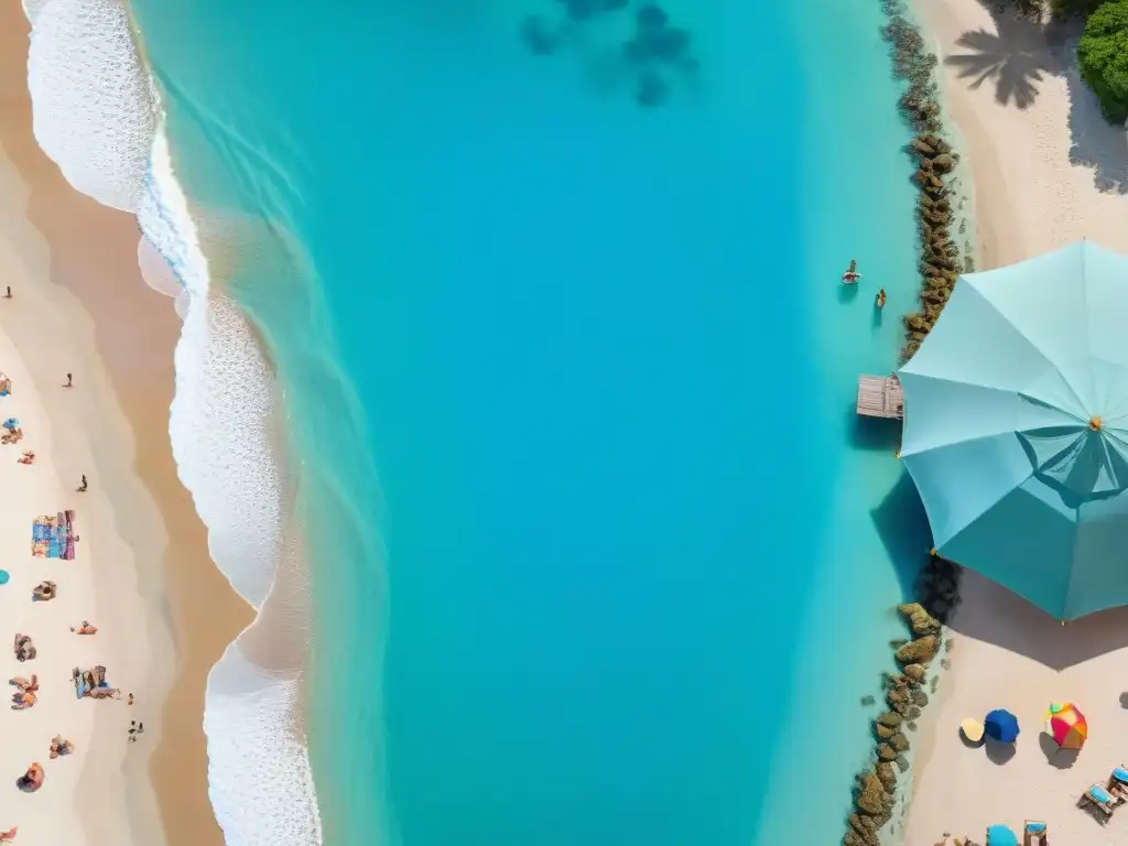 Estilo y protección bajo el sol: moda playera en paraíso turquesa Grupo elegante en la playa bajo sombrillas coloridas, luciendo sombreros y gafas de diseñador