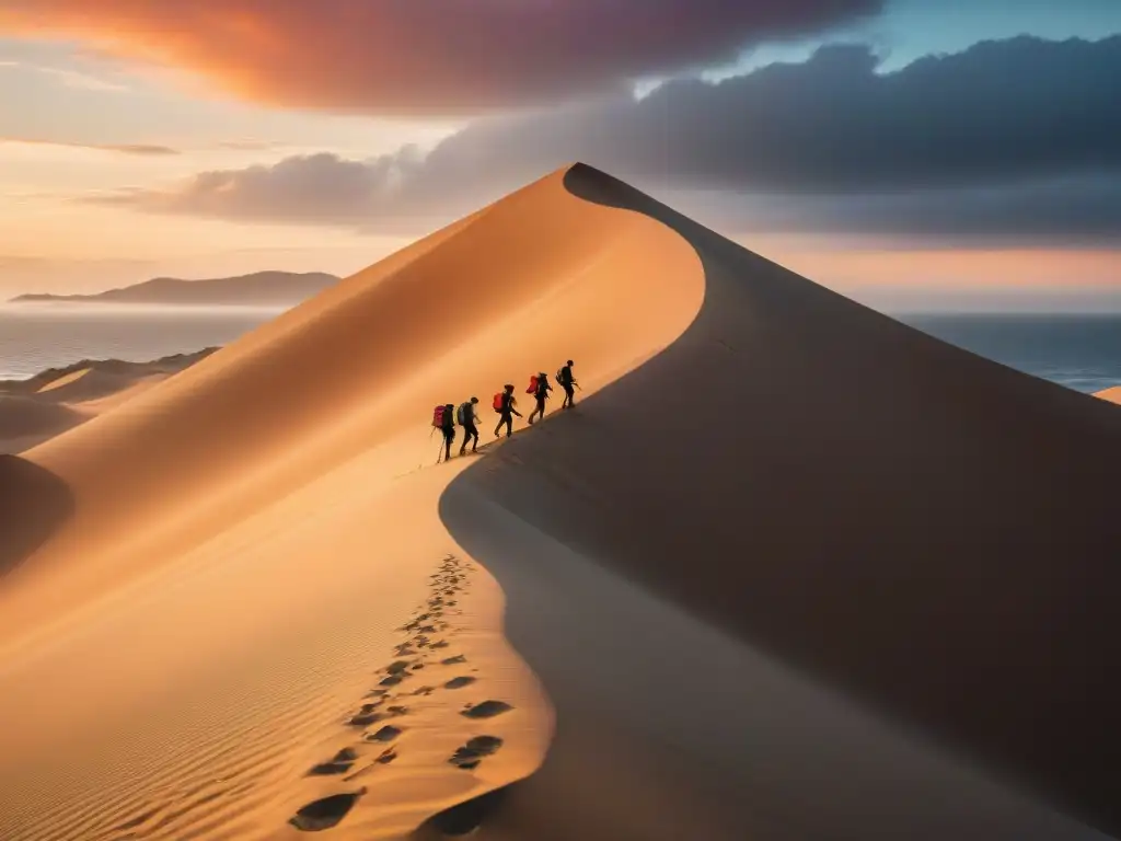 Epopeya en las dunas: escalada al atardecer en la costa Un grupo de escaladores conquista dunas al atardecer en destinos costeros