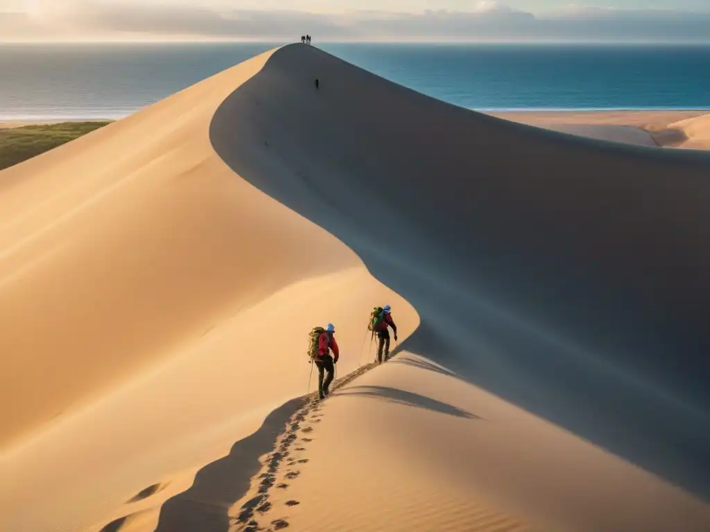 Aventura en dunas al atardecer: escalada desafiante Grupo de escaladores principiantes desafiando una duna empinada al atardecer en destino costero