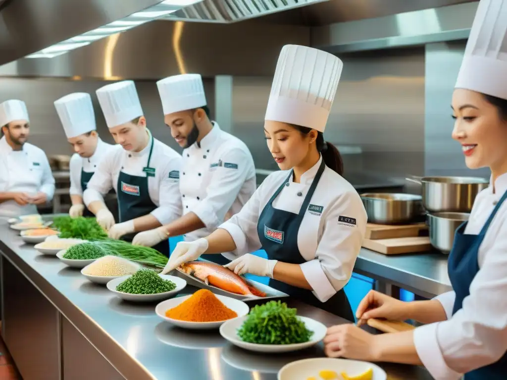 Clase magistral de fileteado en cocina profesional Un grupo de estudiantes entusiastas aprendiendo a filetear pescado en una cocina profesional junto a un chef experimentado