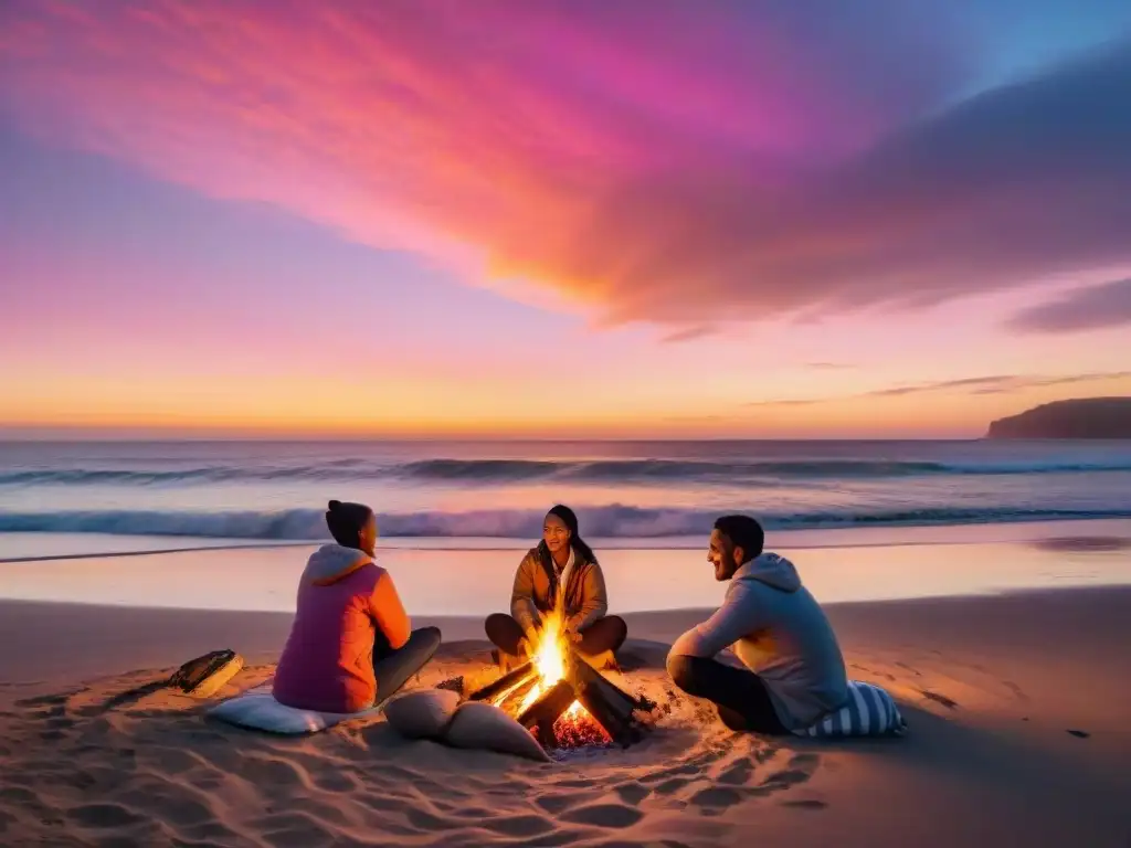 Comunidad al atardecer: expatriados en fogata en la playa Grupo de expatriados disfrutando de un momento de camaradería alrededor de una fogata en la playa al atardecer en un retiro en la costa expatriados