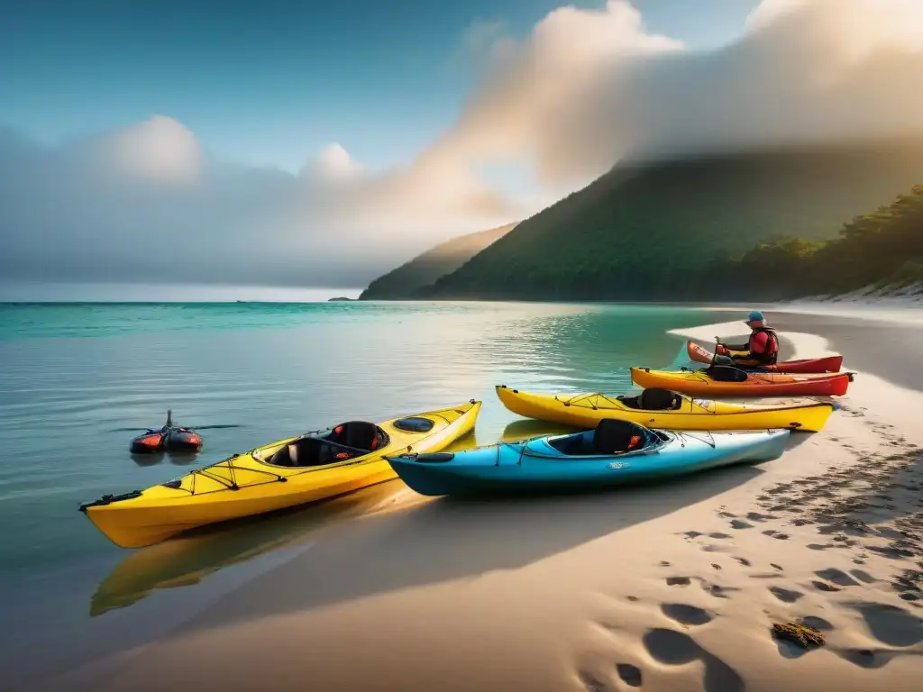 Kayakers expertos listos al amanecer: preparativos en la playa Grupo de experimentados kayakistas preparando su equipo en una playa al amanecer, listos para la aventura
