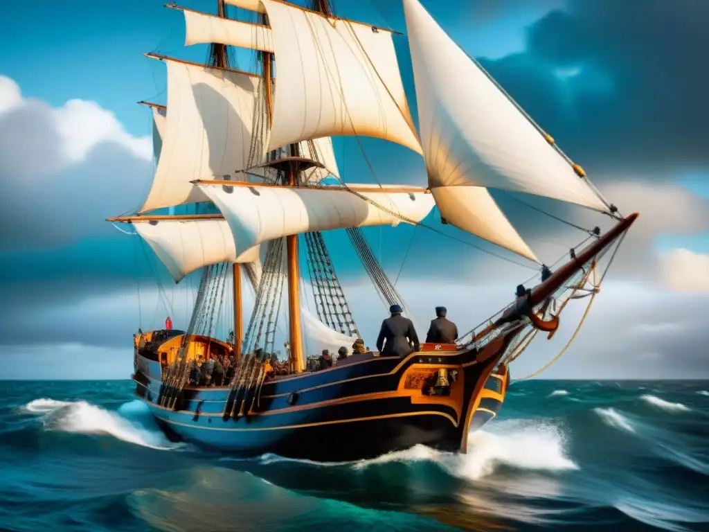 Grupo de experimentados marineros navegando un velero de madera en mares bravíos, mostrando Técnicas de navegación marina tradicionales