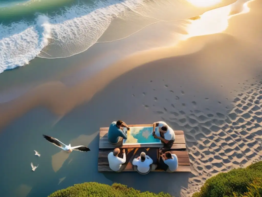 Equipo de fotógrafos profesionales planificando la captura de paisajes costeros al amanecer Grupo de fotógrafos profesionales planeando fotos en playa al amanecer