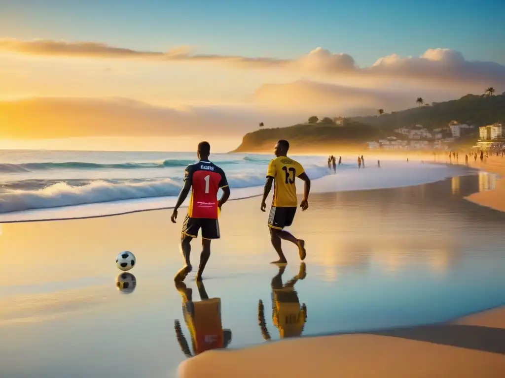 Fervor futbolero al atardecer en la playa Grupo jugando fútbol en la playa al atardecer