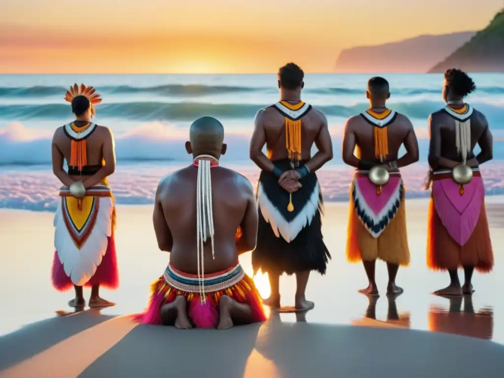 Rituales costeros al amanecer: indígenas en ceremonia Grupo indígena realiza ritual ancestral en la costa al amanecer, con atuendos vibrantes y conexión a la naturaleza