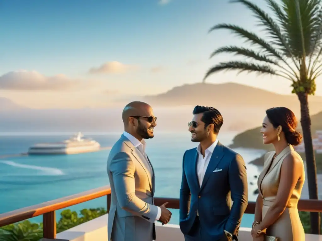 Inversionistas exitosos disfrutan la vista en terraza junto al mar Un grupo de inversores exitosos en trajes elegantes discuten frente al mar, exudando prosperidad