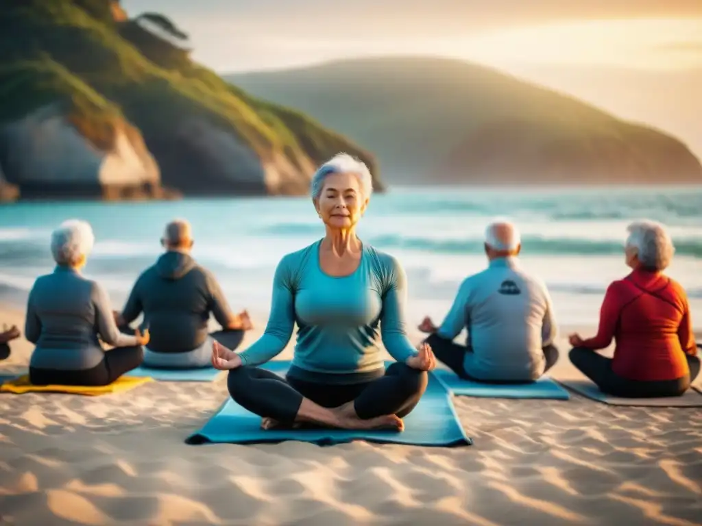 Yoga matutino: Retirados en armonía frente al mar Grupo de jubilados practicando yoga en la playa al amanecer, transmitiendo paz y salud en retiro costero