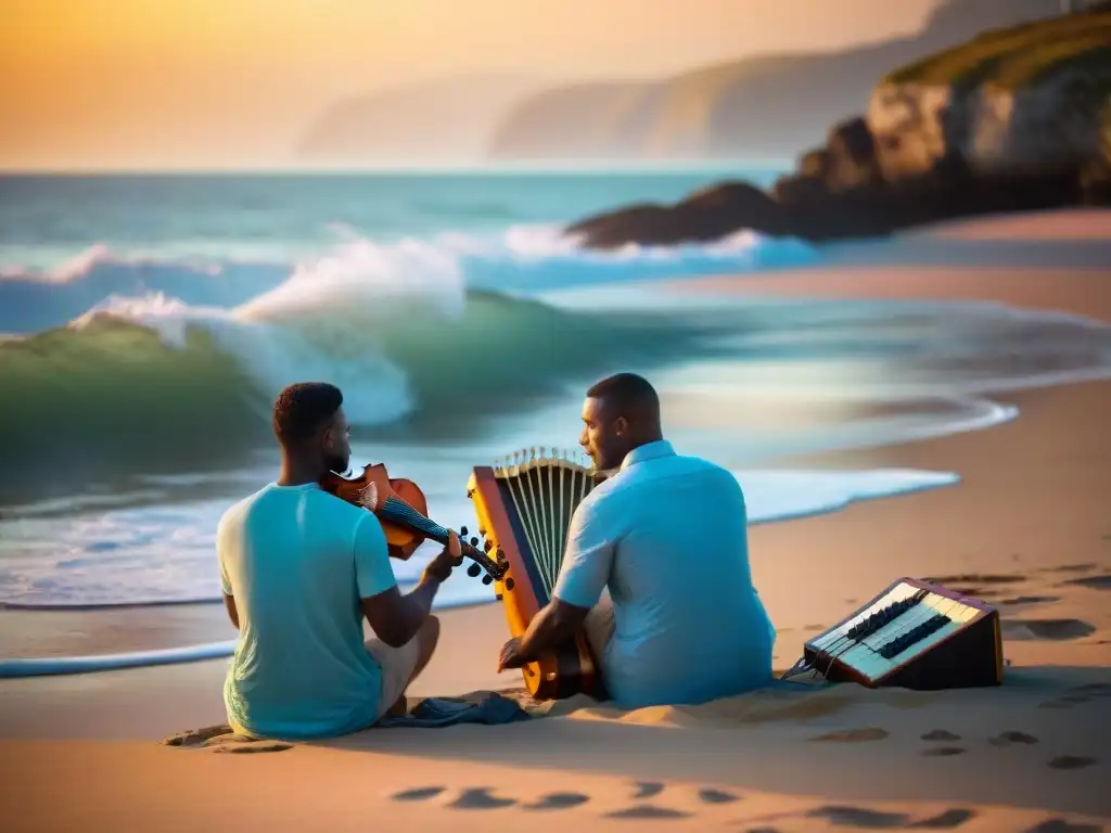 Músicos costeros tocando al atardecer Grupo de músicos tocando instrumentos costeros en la playa al atardecer, resaltando el origen géneros musicales costeros