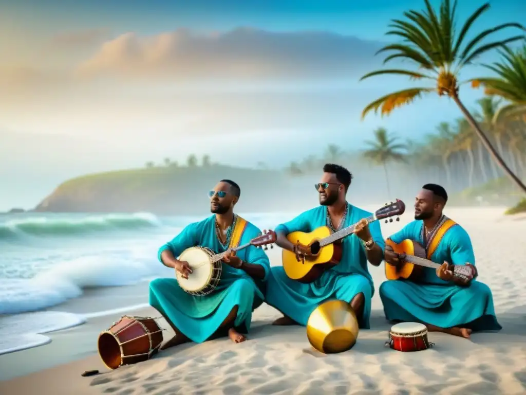 Concierto costero: Músicos tradicionales junto al mar Grupo de músicos tocando instrumentos costeros bajo una palmera en la playa, con el mar de fondo