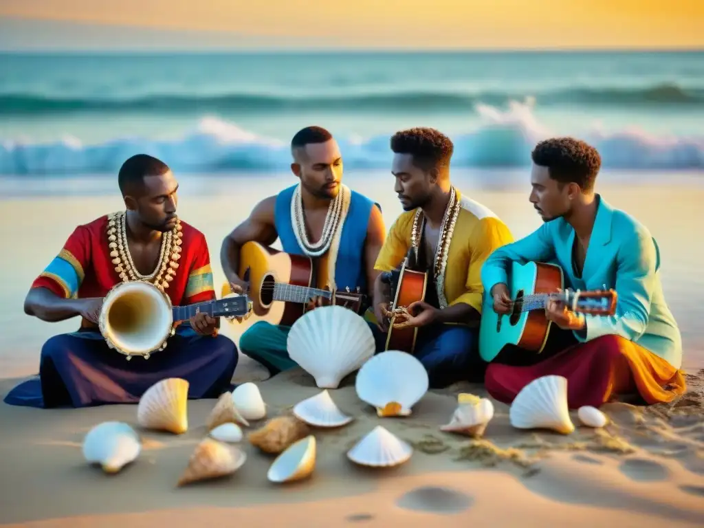 Música del mar: músicos tradicionales en la playa al atardecer Grupo de músicos tradicionales tocando instrumentos hechos de conchas y madera a la orilla del mar al atardecer, con olas suaves de fondo