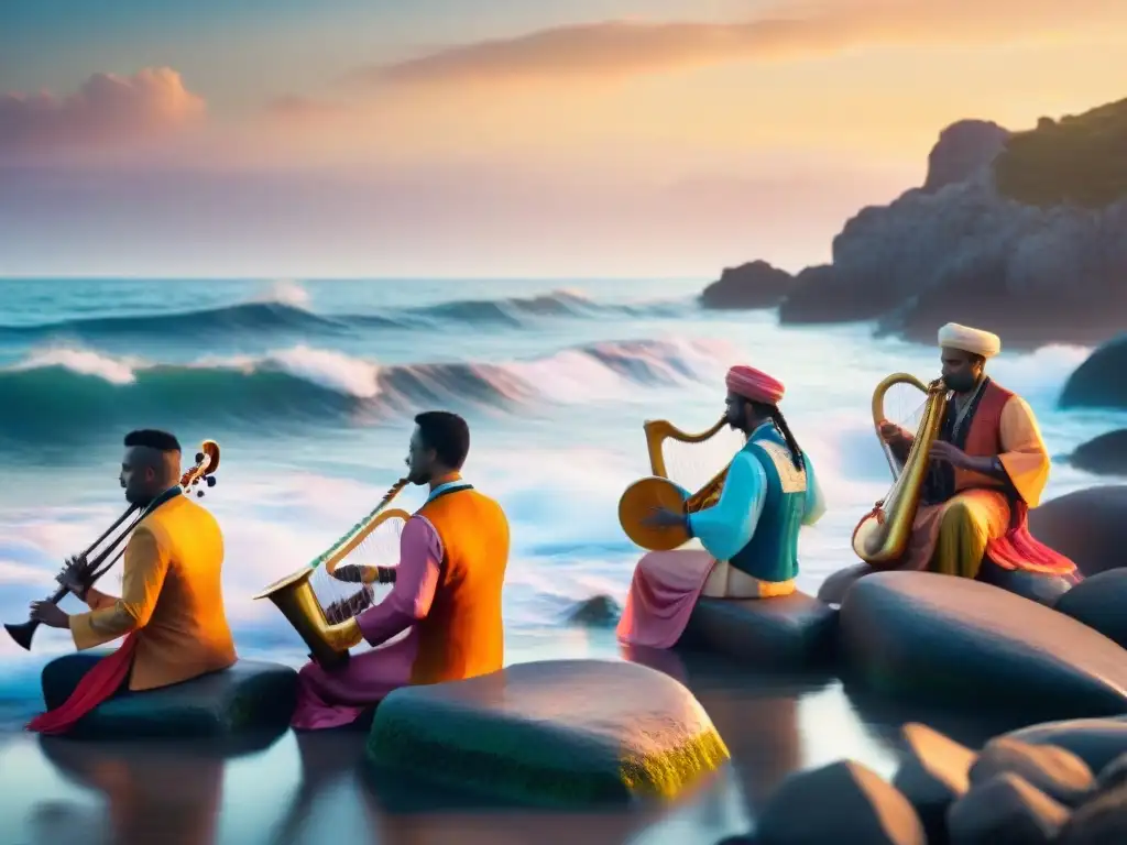 Músicos tradicionales en concierto al atardecer junto al mar Grupo de músicos tradicionales tocando en la orilla al atardecer, con el mar de fondo, en una escena serena de música tradicional inspirada en el mar